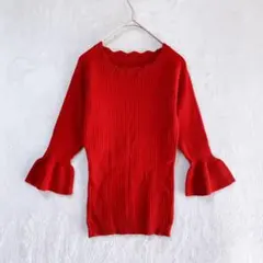 FA/ニットセーター/F/レッド/七分袖/フリル袖/かわいい/キレイ系