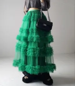 【グリーン】チュールティアード チュールフリルスカート　二重　モード系　ゴスロリ