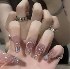 ネイルチップ 24枚セット チーク ワンホン 韓国 ストーン ラメ ハート