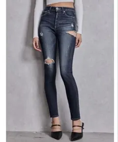 ミドルウエスト SIDE RIPPED スキニーデニムパンツ