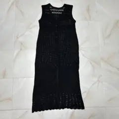 透かし編み ロングワンピ 黒 ノースリーブ ニットワンピ レイヤード 古着 M