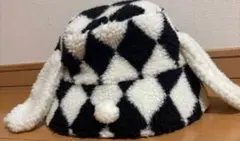 ユニバ　USJ 耳付き白黒ダイヤモンドバケットハット