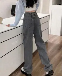 SHEIN バックリボン ブラック グレー ハイウエスト デニムパンツ S