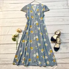 A44◾︎ロングワンピース 花柄 レトロ 古着 ブルーグレー Aライン