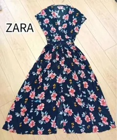 ZARA ザラ 花柄ロングワンピース フレア Vネック 半袖 ブラックのサムネイル