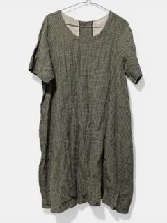 +1 プラワン 半袖リネンギンガムチェックプルオーバーブラウスワンピース 美品