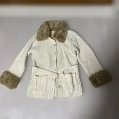 アイボリー ニットジャケット ファー付き