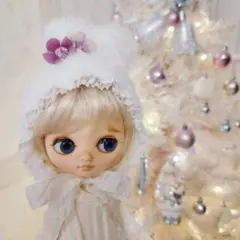 ミディブライスミディアイシードール用 白のもふもふウサ耳帽子１点♡