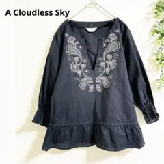 アクラウドレススカイ　長袖ブラウス　刺繍デザイン　フリル　リネン混　コットン混
