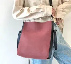 ショルダーバック レッド&ブラック コンビネーション スエード 合成皮革