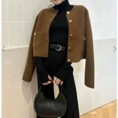 anuans　アニュアンス　ラクーンブレンドノーカラーニットジャケット　キャメル