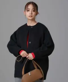 ノーカラーコート コート PECOLAMBウールカシミヤノーカラーミドル丈コート