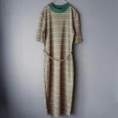 ZARA ザラ 幾何学模様 半袖 ニットワンピース ロング丈 緑 ピンク M
