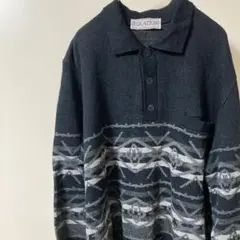 ⑥幾何学模様　ブラック　襟付きのセーター　ニット　メンズM