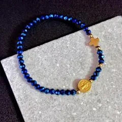 B19《新品》メダイ・クロスブレスレットブルービーズユニセックス_ハンドメイド