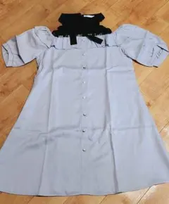 地雷系薄い水色襟元レース半袖フリル付きワンピース