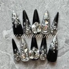 ネイルチップ ギャルネイル ロングネイル ラメグラ 埋めつくし 黒 シルバー