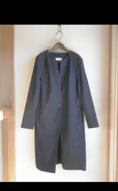 美品　PLST プラステ　ノーカラーリネンコート　ダークネイビー