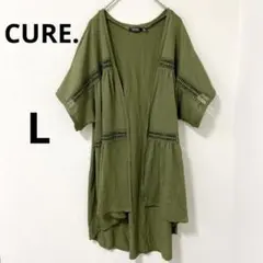 CURE. 【L】オリーブ 半袖 レース切り替えカーディガン 羽織