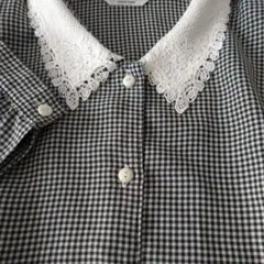 ビンテージ レトロブラウス レース襟 白黒チェック 千鳥格子 日本製