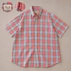 美品＊Papas パパス 綿麻チェック 半袖 シャツ ピンク　Lのサムネイル