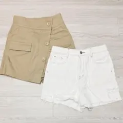 【2点セット】ベージュボタン付きキュロット・ホワイトショートデニムパンツ
