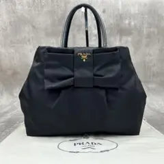 【美品】 プラダ トートバッグ リボン ロゴ金具 テスート ネロ ゴールド金具