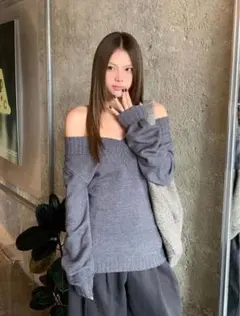 グレー ニット トップス shein オフショル