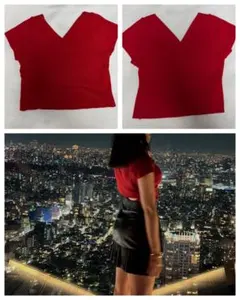 赤いリブ編みVネックニットベスト