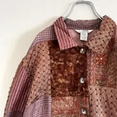 used パッチワークシャツジャケット ブラウン 刺繍 装飾 インド製 古着