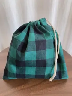 ブロックチェック 巾着グリーン×ベージュ