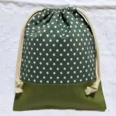 ハンドメイド、星柄の給食袋、巾着袋、コップ入れ、緑