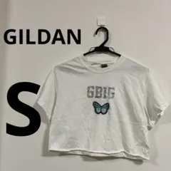 へそ出し ストリート系 クロップド丈 Tシャツ Sサイズ グリッターロゴ＆刺繍蝶