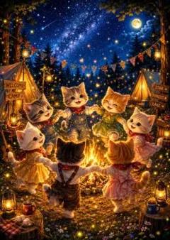 【一点物】子猫たちのキャンプファイヤーダンス｜星空に響く夏の思い出