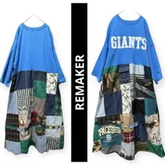 Ｆ秋冬水色ロゴトレーナーデニムパッチワークスカート古着リメイクワンピース