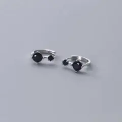 059Ph【ブラックオニキス】フープピアス　CZダイヤ　小ぶり　925　シルバー