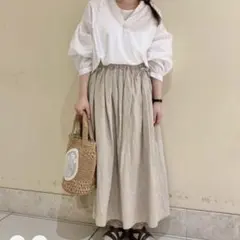 サマンサモスモス リネン混脇リボンタックギャザースカート ベージュ