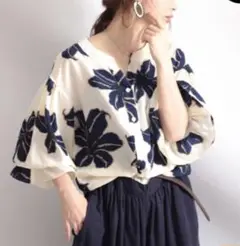 GOLD JAPAN 花柄バルーンスリーブブラウス 体型カバー　大きめ【XL】