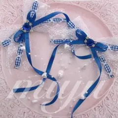 ヘアクリップ　Ｕピン（ガーランドリボン　青　ブルー）ロリィタ　　推し　担当カラー