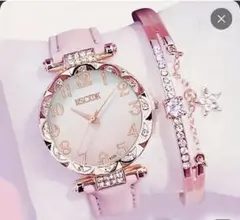 ピンクレザー腕時計ブレスレットセット