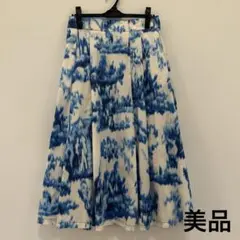 美品★ZARAブルー白抽象柄コットンタックフレアスカートMサイズ