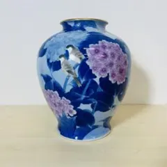 紫陽花と鳥の絵柄 深川製磁 花瓶 フラワーベースのサムネイル