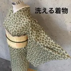 袷＠M・裄67.5＠洗える着物＠小紋＠小さな扇づくし＠カーキ系＠162cm 