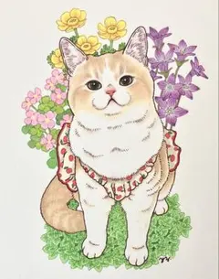 手描きイラスト 猫 花 猫の絵 ねこ ネコ アナログイラスト 原画 手描き