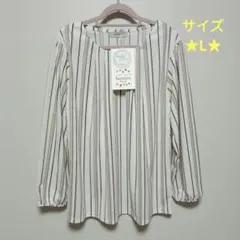 hareiro ストライププリント衿タック入クルーネック長袖ブラウス★サイズL