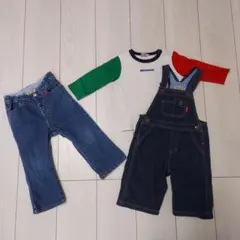 【MIKI HOUSE３点】 デニムロンパース・ロングTシャツ・デニムパンツ