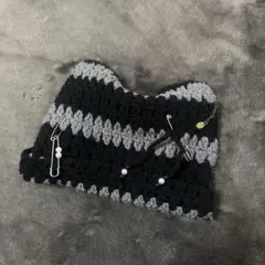 no id Y2k グランジpunk ナナ風黒とグレーのストライプニット帽