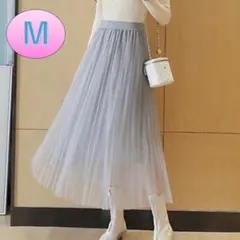 チュールスカート M グレー プリーツスカート 韓国ファッション ロングスカート