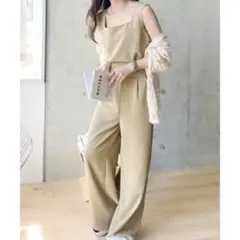 【新品】スクウェアネックタンクトップ&ハイウエスト2タックワイドパンツ ベージュ