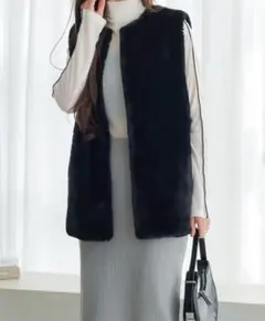 黒　神戸レタス　ファー　ジレ　ベスト　アウター　ふわふわ